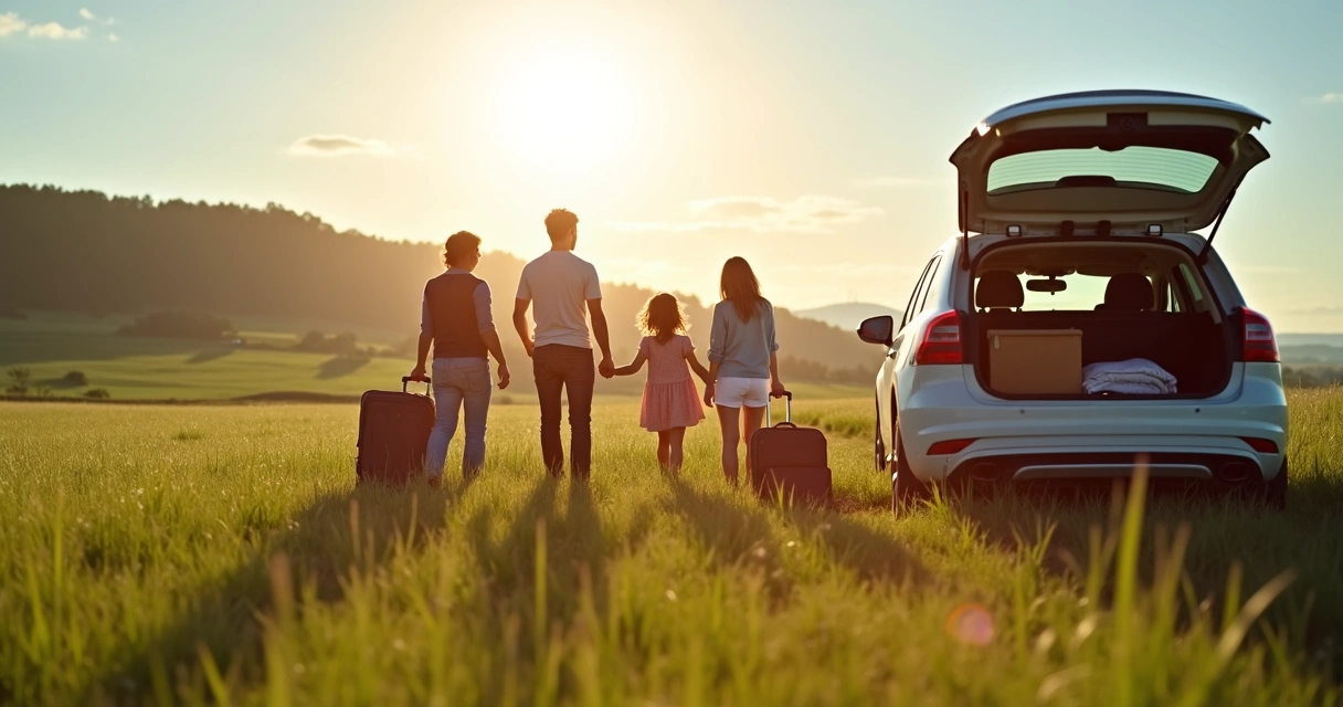 Família viajando em meio ao campo, com malas ao lado do carro 