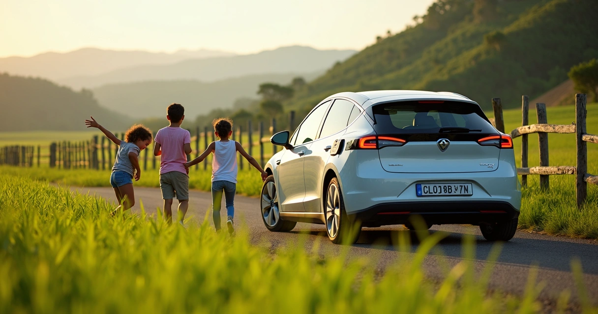 Família fazendo pausa em viagem de carro elétrico em área rural
