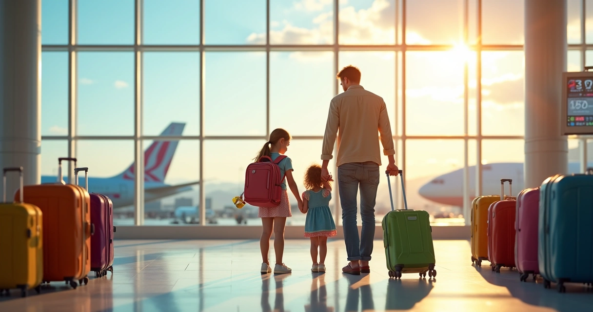 Família com duas crianças pequenas sorrindo em um aeroporto, com malas e brinquedos, prontos para embarcar 