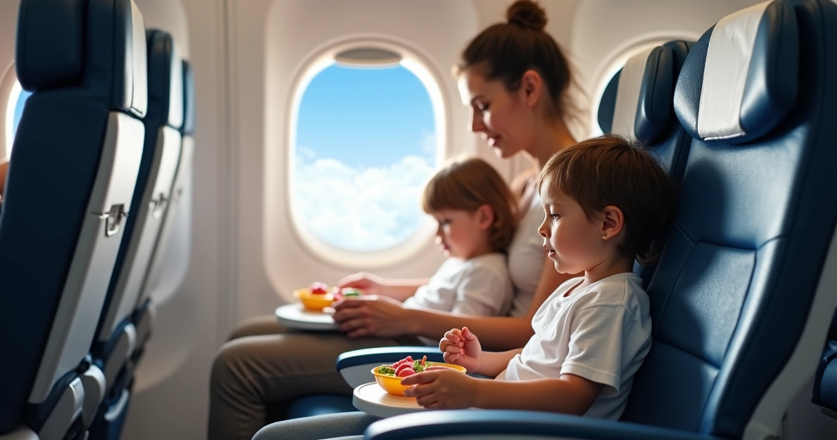 Família com duas crianças pequenas sentadas em um avião, com brinquedos e lanches à mesa, ambiente iluminado e confortável, janela mostrando céu claro e nuvens 