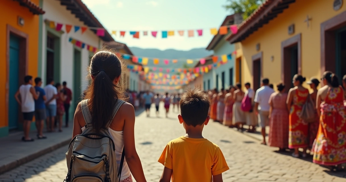 Família observando cerimônia tradicional em cidade pequena