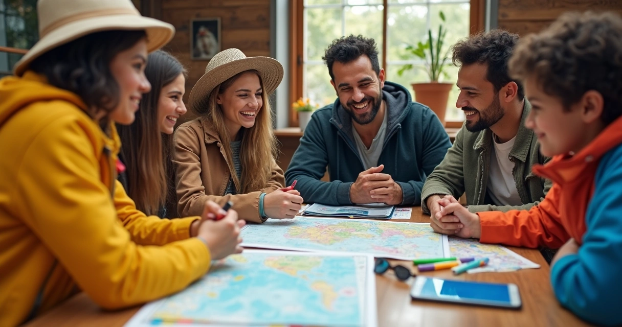 Família planejando roteiro de viagem em mesa de madeira com mapas, roupas e acessórios diversos