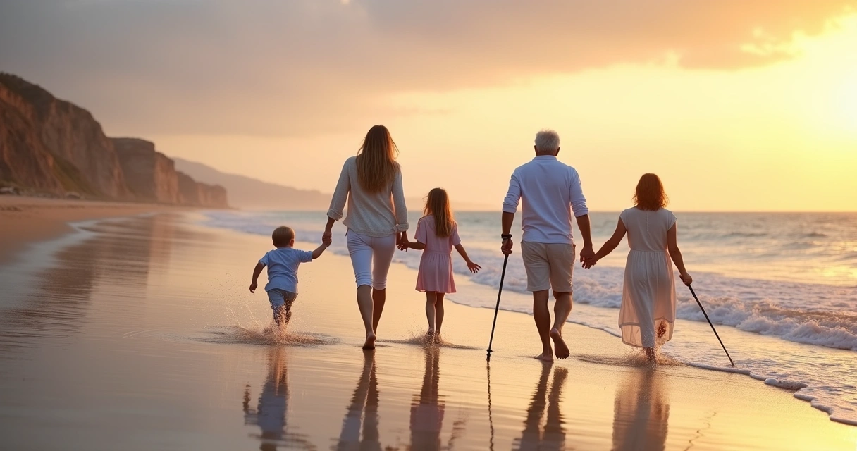 Família de várias gerações caminhando na praia ao pôr do sol 