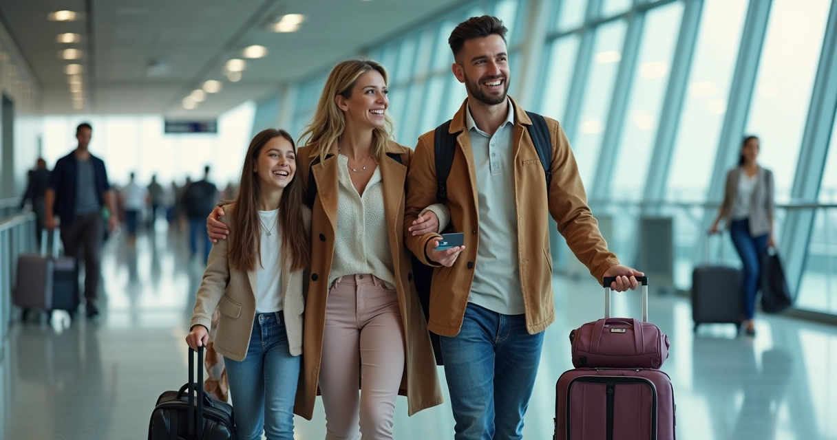 Família feliz no aeroporto voltando de viagem com malas e cartão 