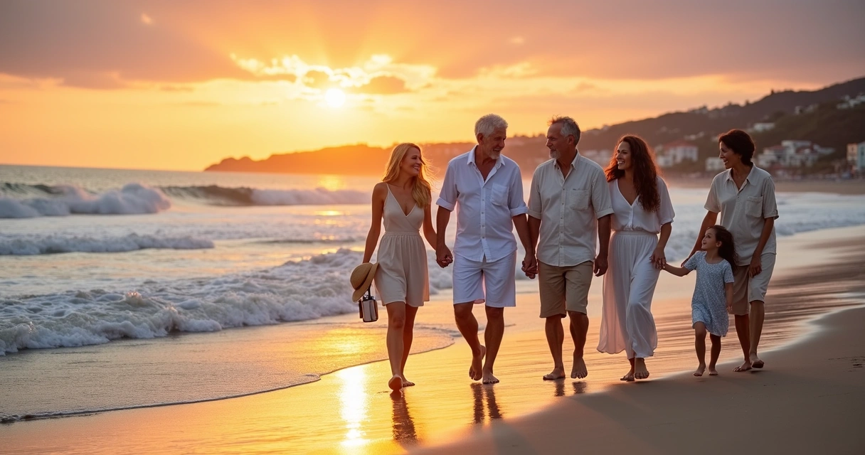 Família multigeracional caminhando unida na praia ao pôr do sol 