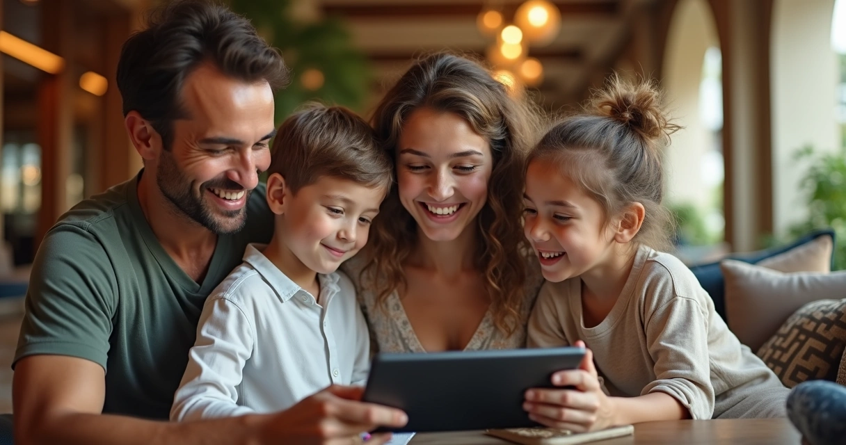 Família consulta roteiro digital em tablet durante viagem 