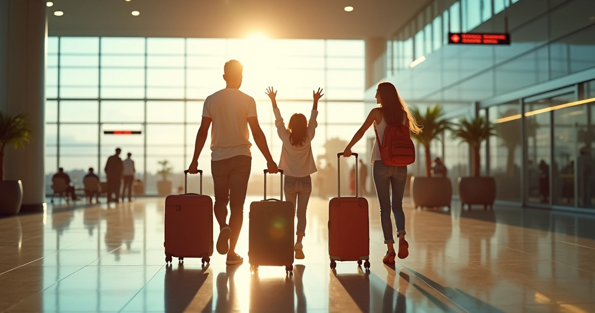 Família pronta para embarcar no aeroporto 