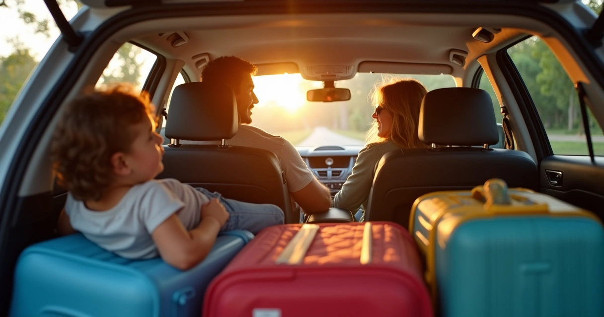 Familia dentro de um carro em viagem, vista de trás mostrando malas organizadas 