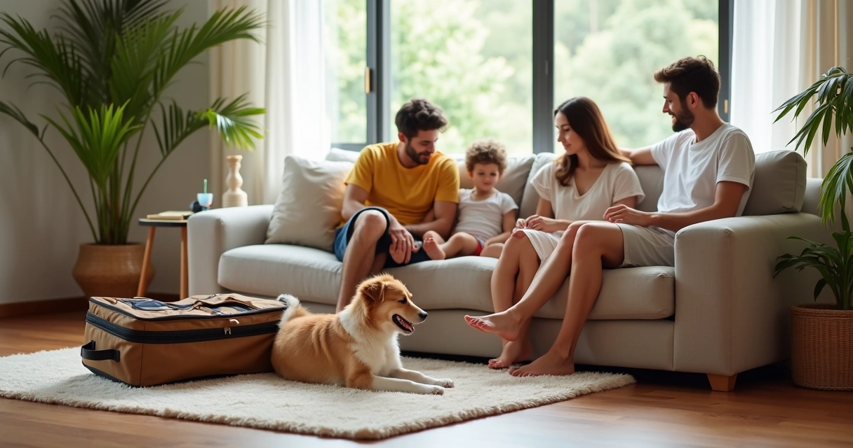Família com criança e cachorro relaxando em sala de casa de aluguel de temporada 