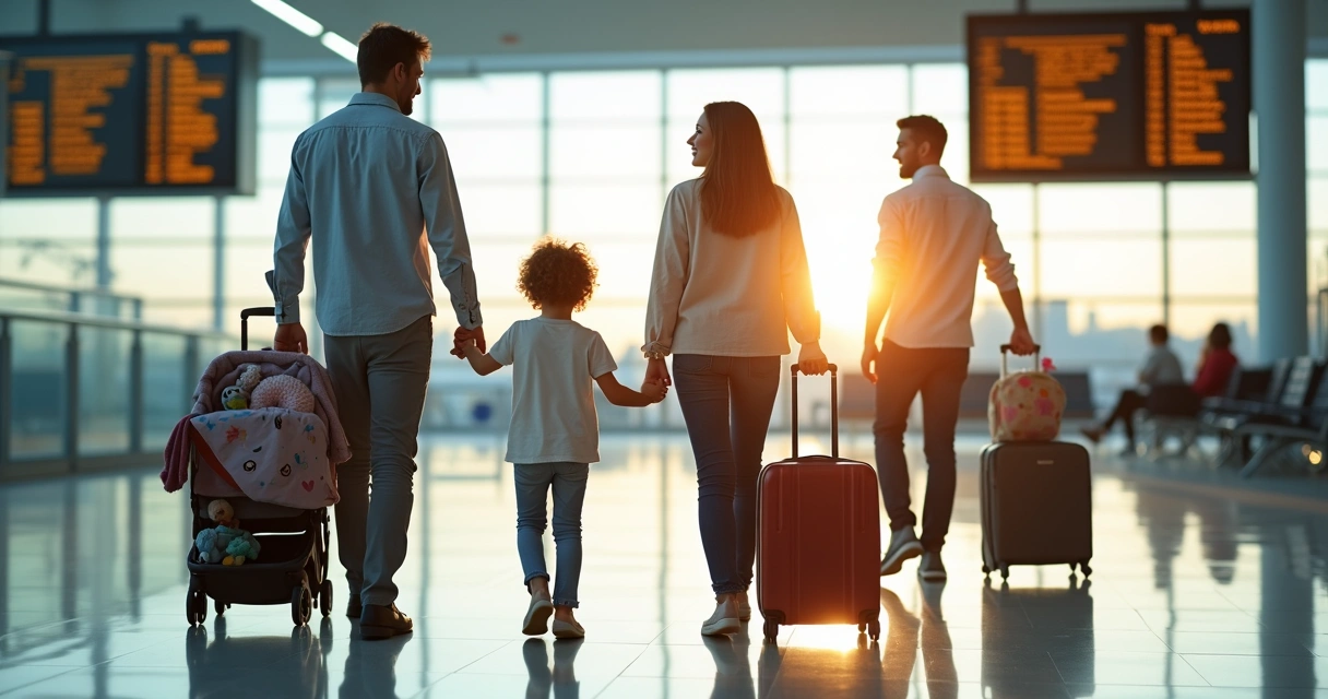 Família sorrindo dentro de aeroporto com malas e carrinho de bebê 