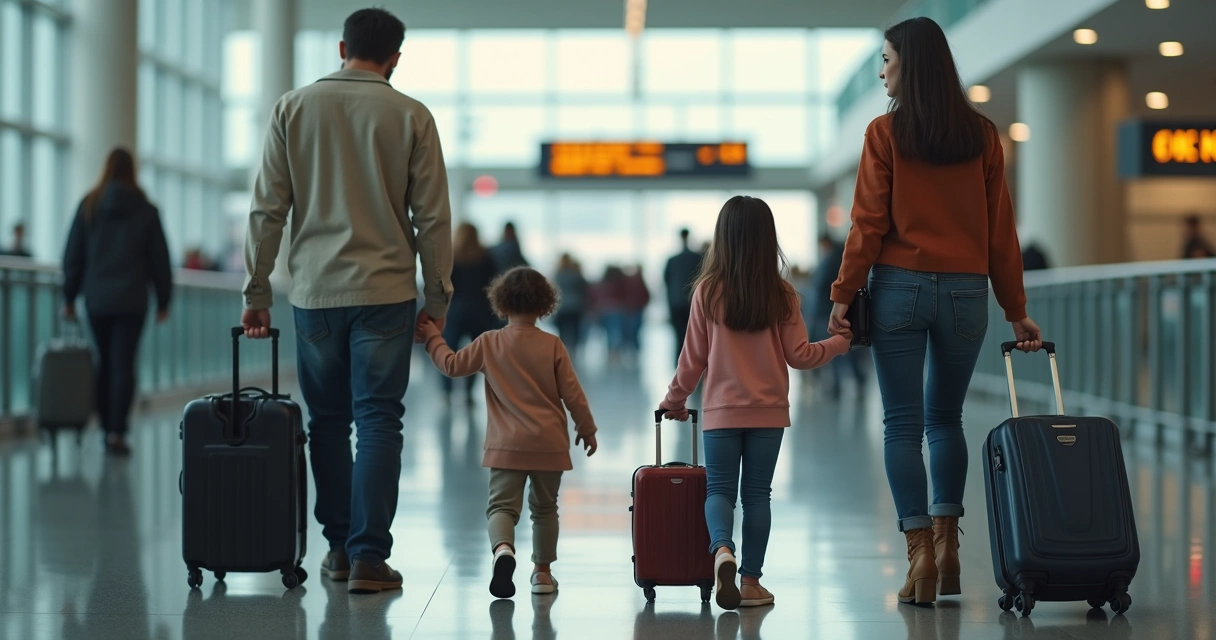 Família com malas e passaportes em aeroporto americano 