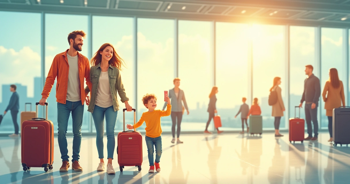 Família sorridente embarcando junta no aeroporto 