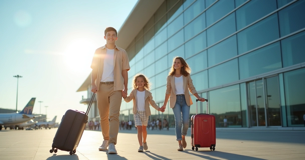 Família carregando malas em frente ao aeroporto 