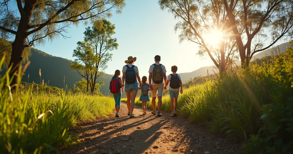 Família caminhando por trilha com vegetação brasileira e céu azul 