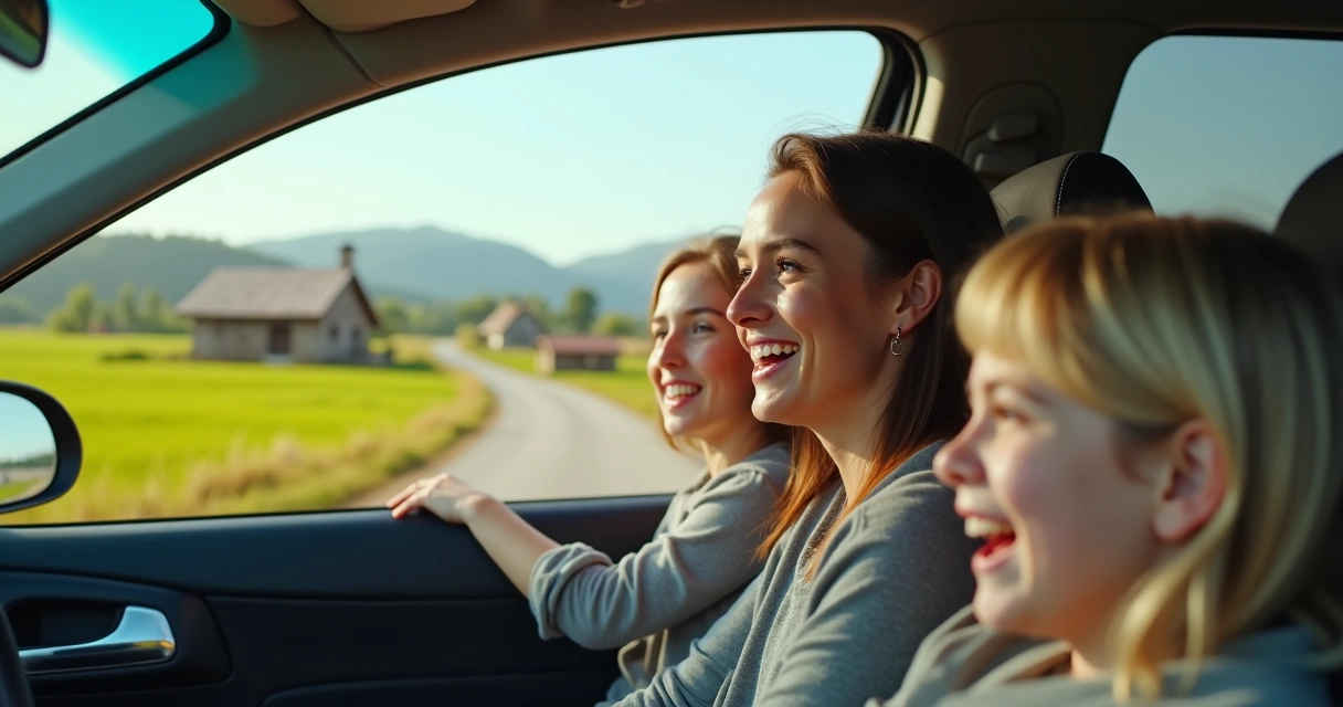 Família viajando de carro pelo campo em paisagem rural 