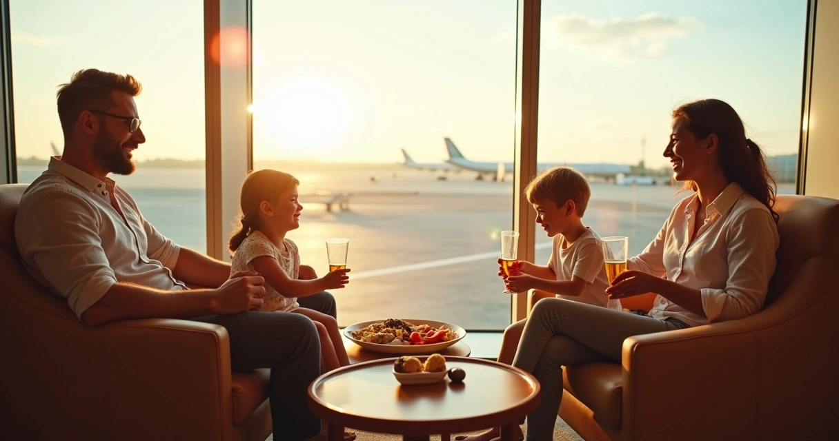 Família viajando aproveitando sala vip de aeroporto com crianças brincando 