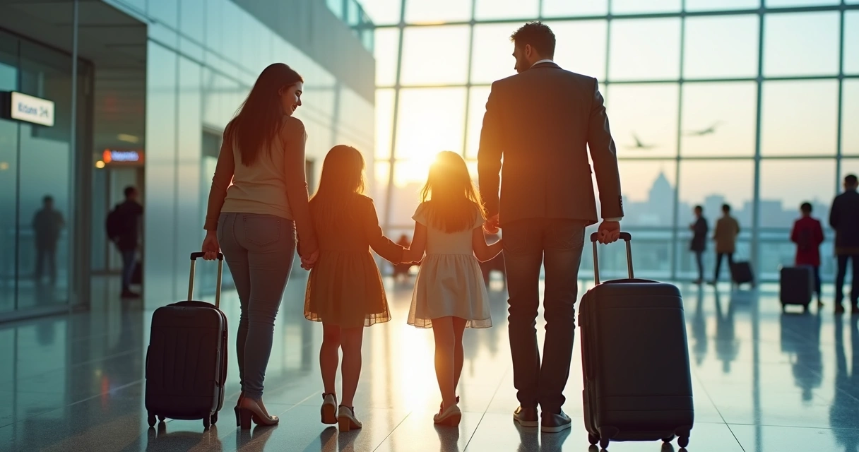 Família em aeroporto segurando malas e documentos 