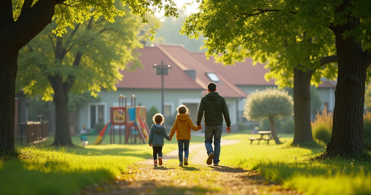 Família caminhando em parque arborizado, crianças brincando e casas ao fundo 