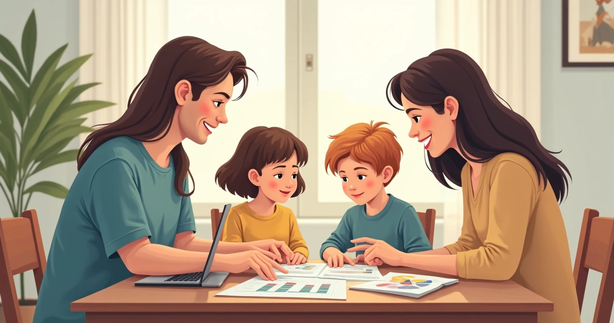 Pais e filhos sentados à mesa discutindo proteção patrimonial e seguro familiar. 