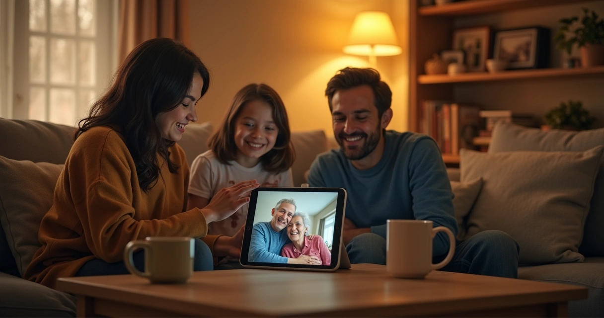 Família em videochamada na sala de casa