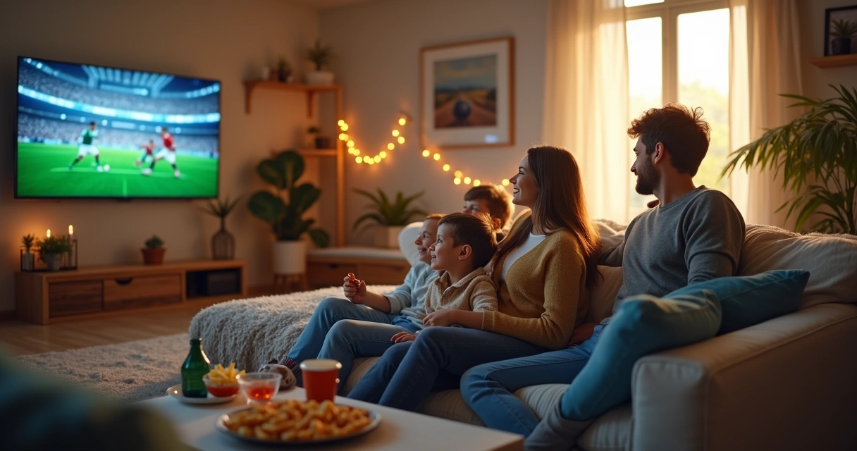 Familia sentada en sala viendo fútbol juntos en la televisión