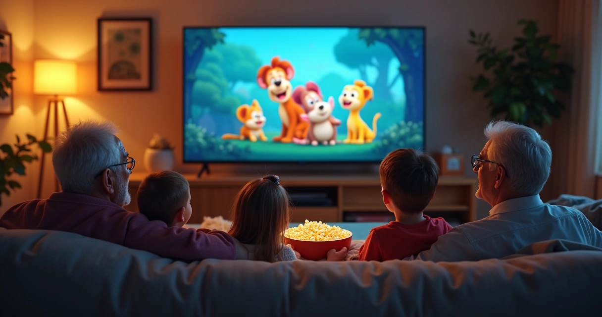 Familia sentada en sala viendo juntos animación infantil 