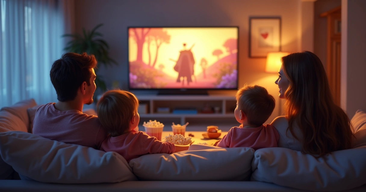 Familia sentada en un sofá viendo una película animada en la televisión 