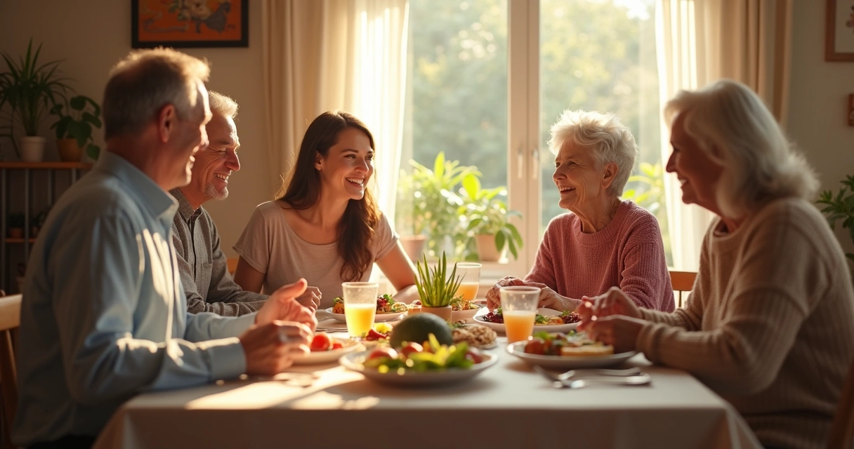 Família reunida à mesa sorrindo durante uma refeição juntos 