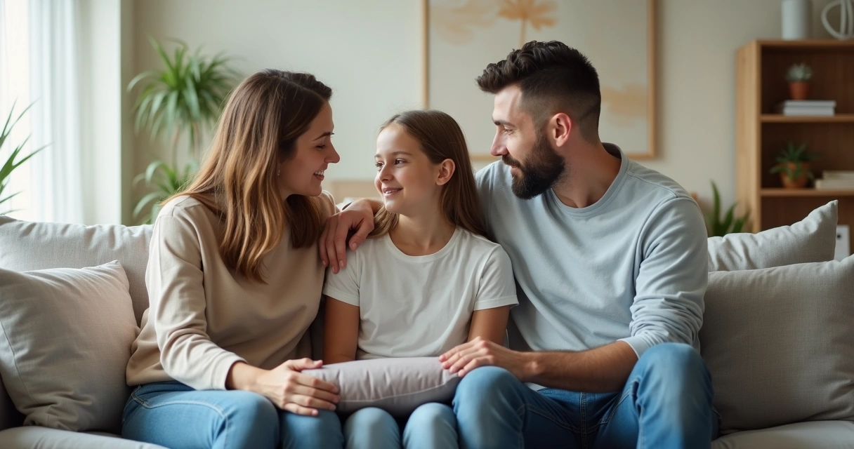 Pais sentados no sofá abraçando filha adolescente em conversa afetuosa 