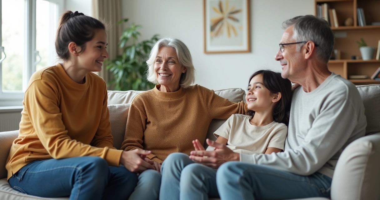 Familia sentada en un sofá dialogando con gestos serenos y atentos 