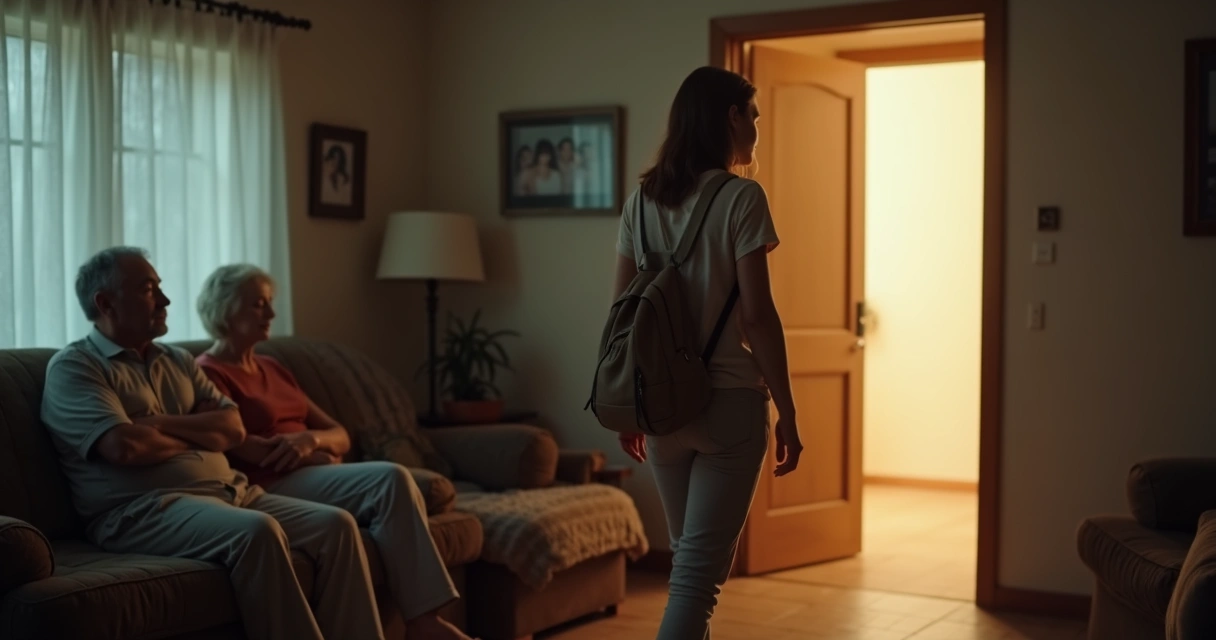 Mulher adulta se afastando de pais em sala escura enquanto caminha em direção à porta iluminada 