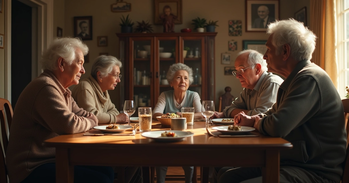 Família reunida com expressões reflexivas ao redor de uma mesa de jantar 