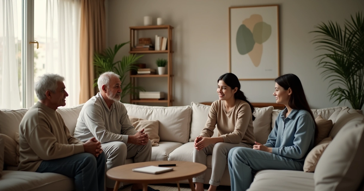 Família sentada em círculo na sala com conexão afetiva e clima reflexivo 