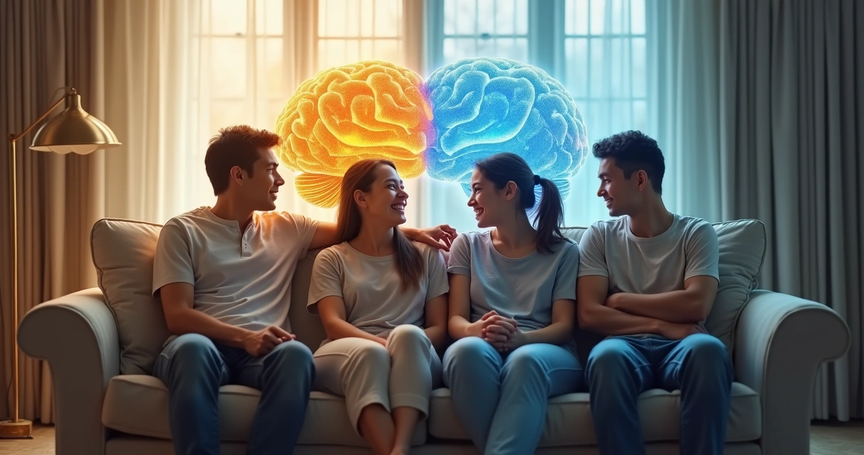 Família sentada em sala dividida entre conexão e distanciamento 