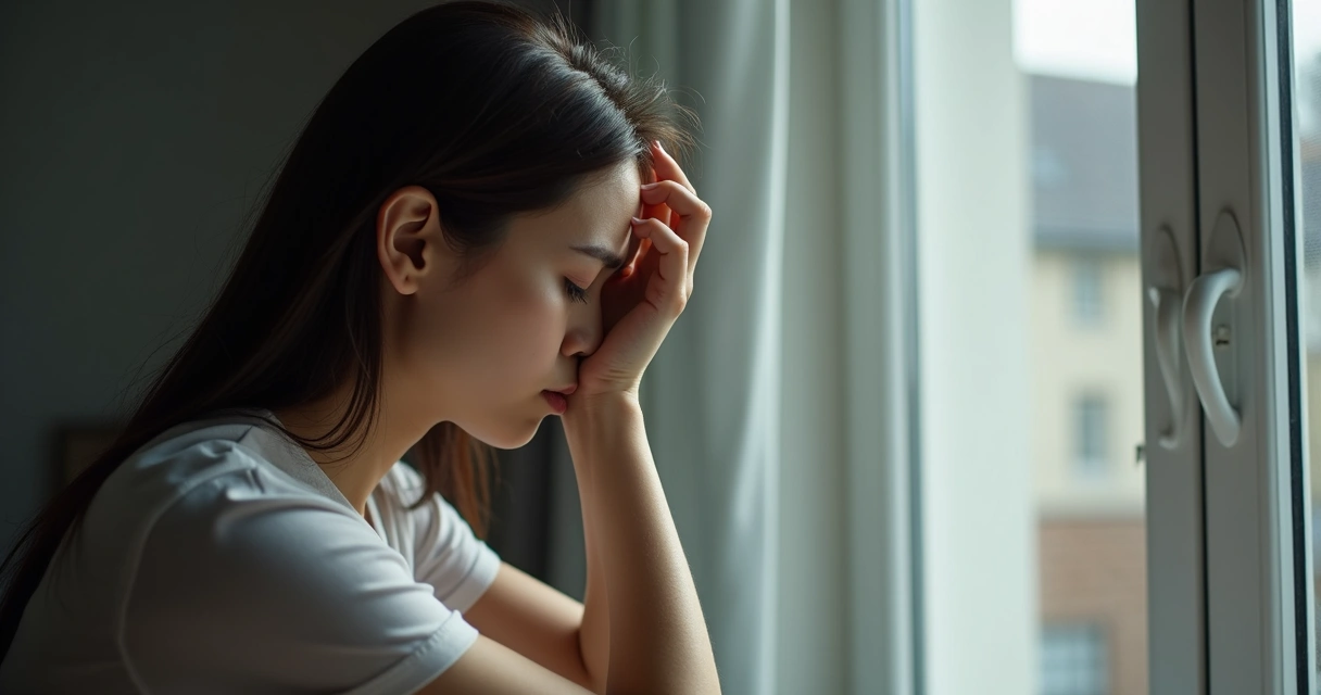 Mulher sentada ao lado de uma janela, segurando a cabeça, com expressão de preocupação, luz suave ao redor