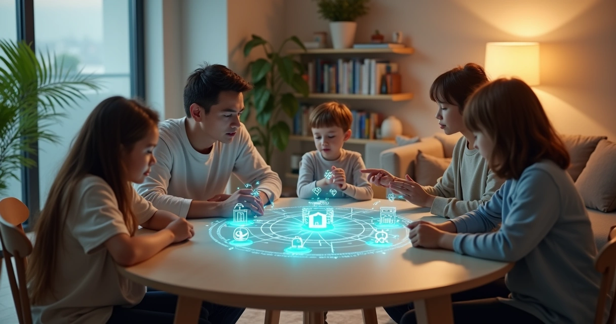 Família observando projeção em mesa mostrando conexões entre decisões e rotina 