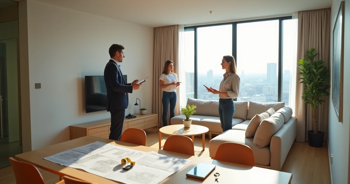 Corretora mostrando sala de apartamento para casal durante visita 