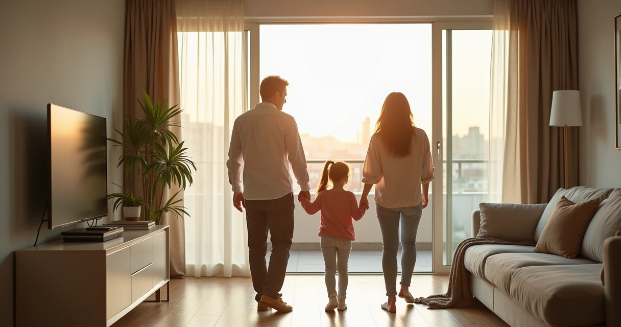 Família visitando apartamento com corretor 