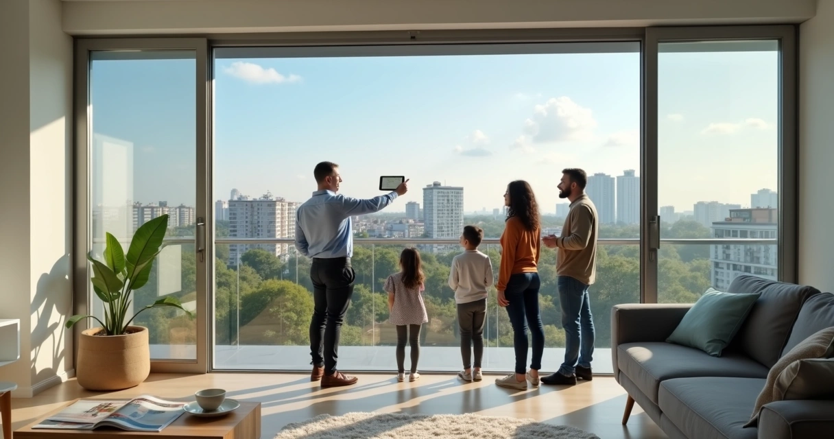 Corretor mostrando sala de apartamento para família em Contagem 