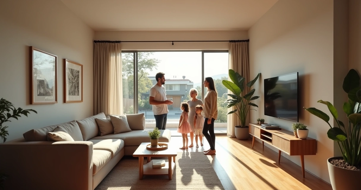 Família visitando casa com corretor na sala 