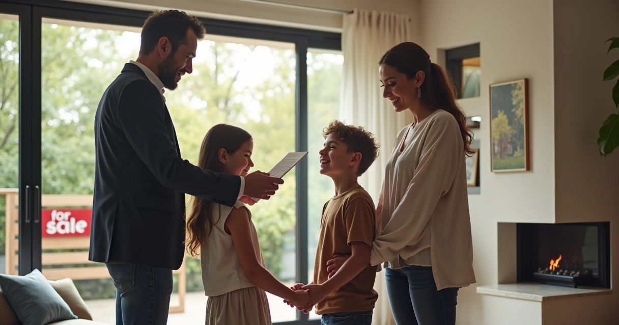 Família sorridente visitando casa moderna com corretor 