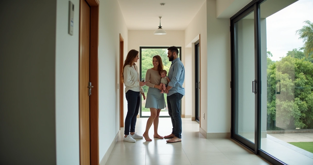 Família visitando casa limpa e iluminada com corretor no hall de entrada 