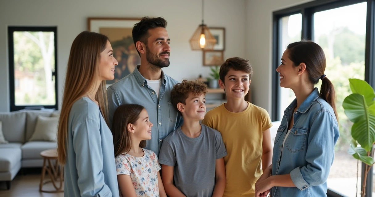 Família visitando uma casa moderna em Orlando com corretora 