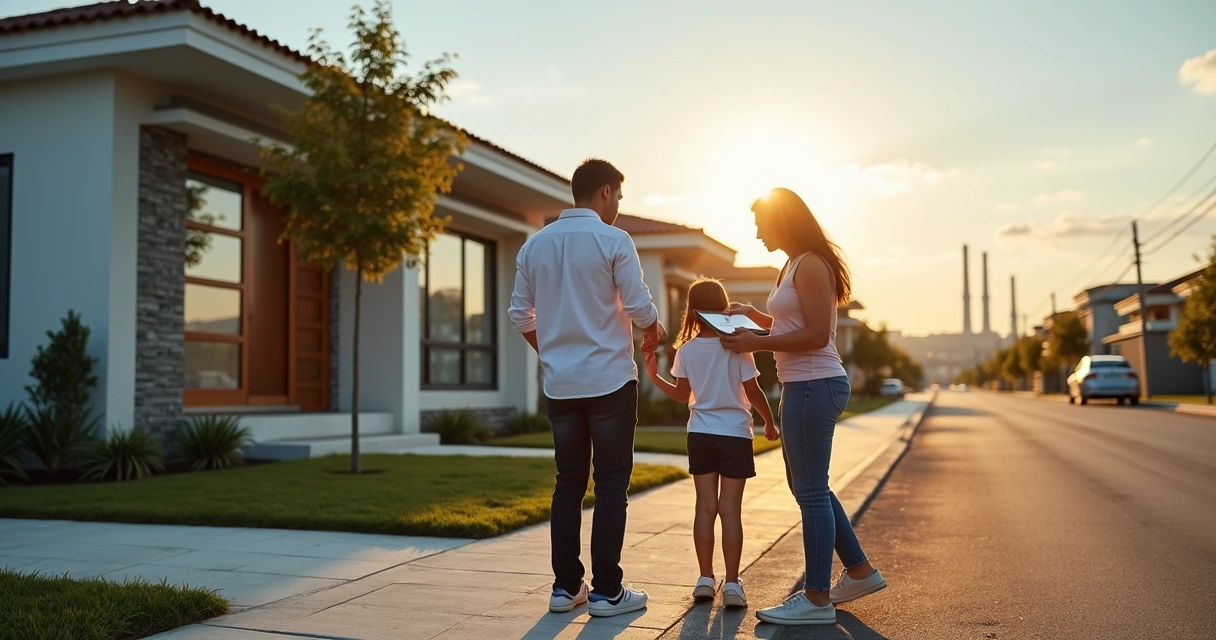 Família observando fachada de casa moderna em bairro residencial de Paulínia 