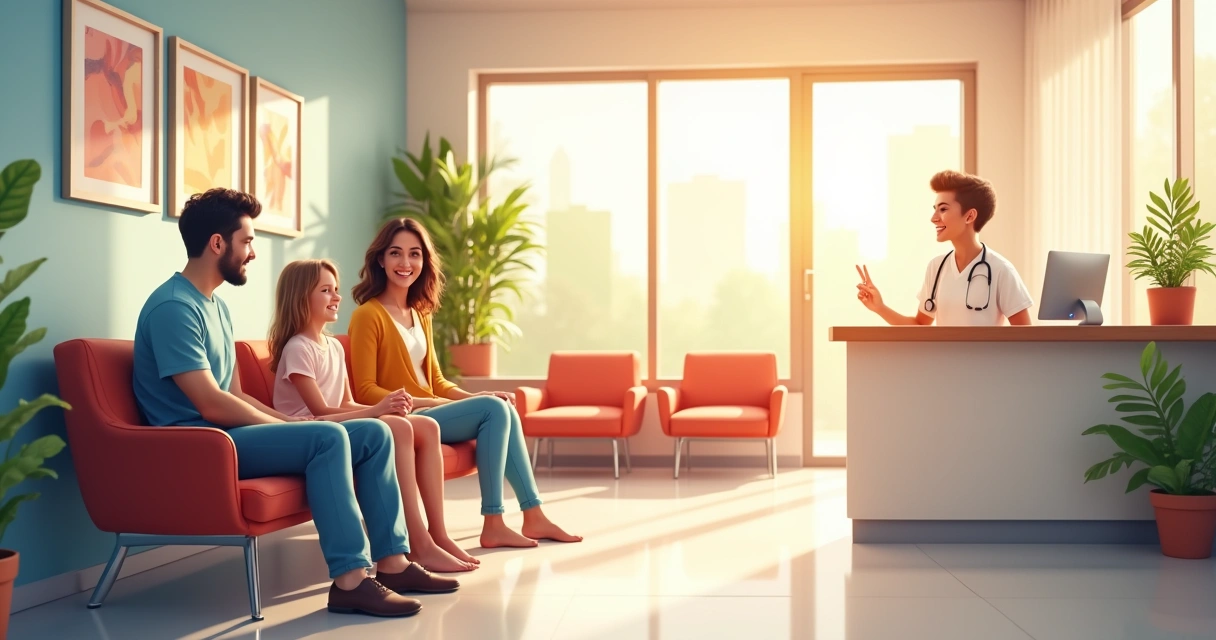 Família em sala de espera de clínica com atendente sorridente ao fundo. 