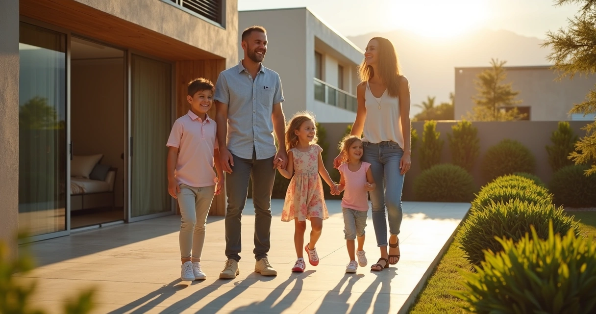 Família visitando casa em condomínio na área externa. 