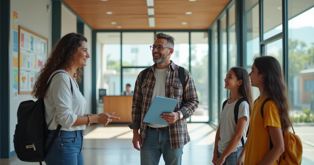 Família visitando escola com boa infraestrutura