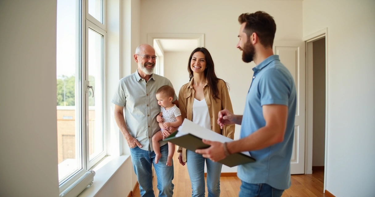 Família visitando imóvel com corretor imobiliário 