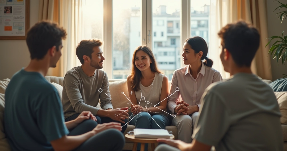 Ilustración de una familia en círculo conectada por líneas que muestran un sistema relacional 