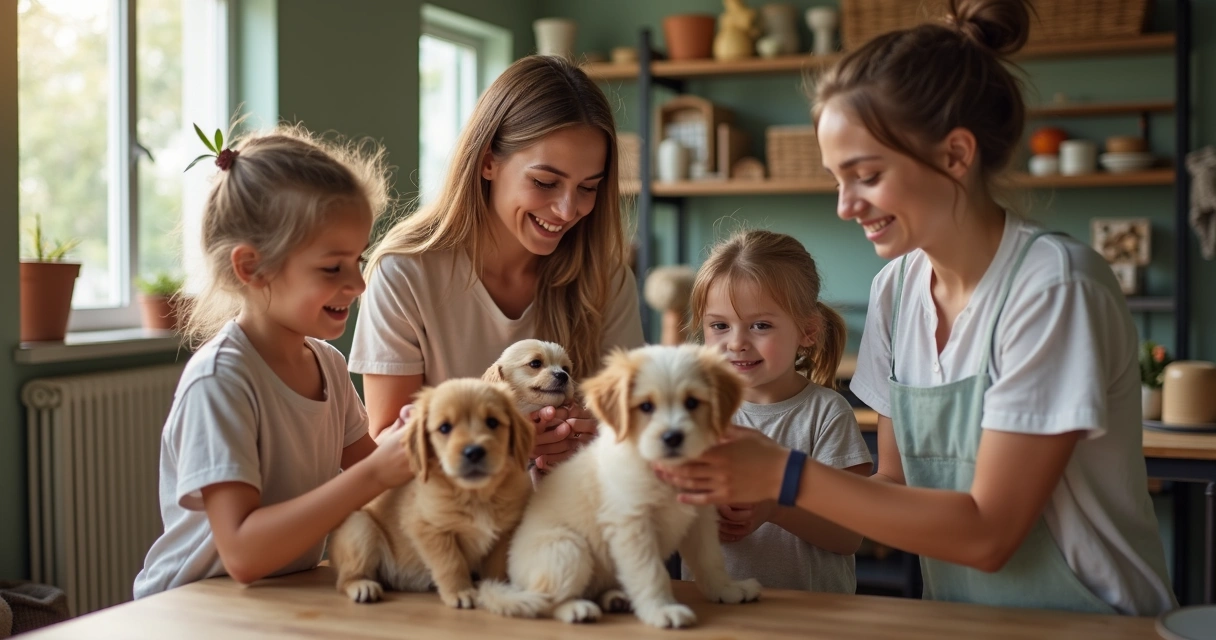 Família e crianças fazendo voluntariado em abrigo de animais